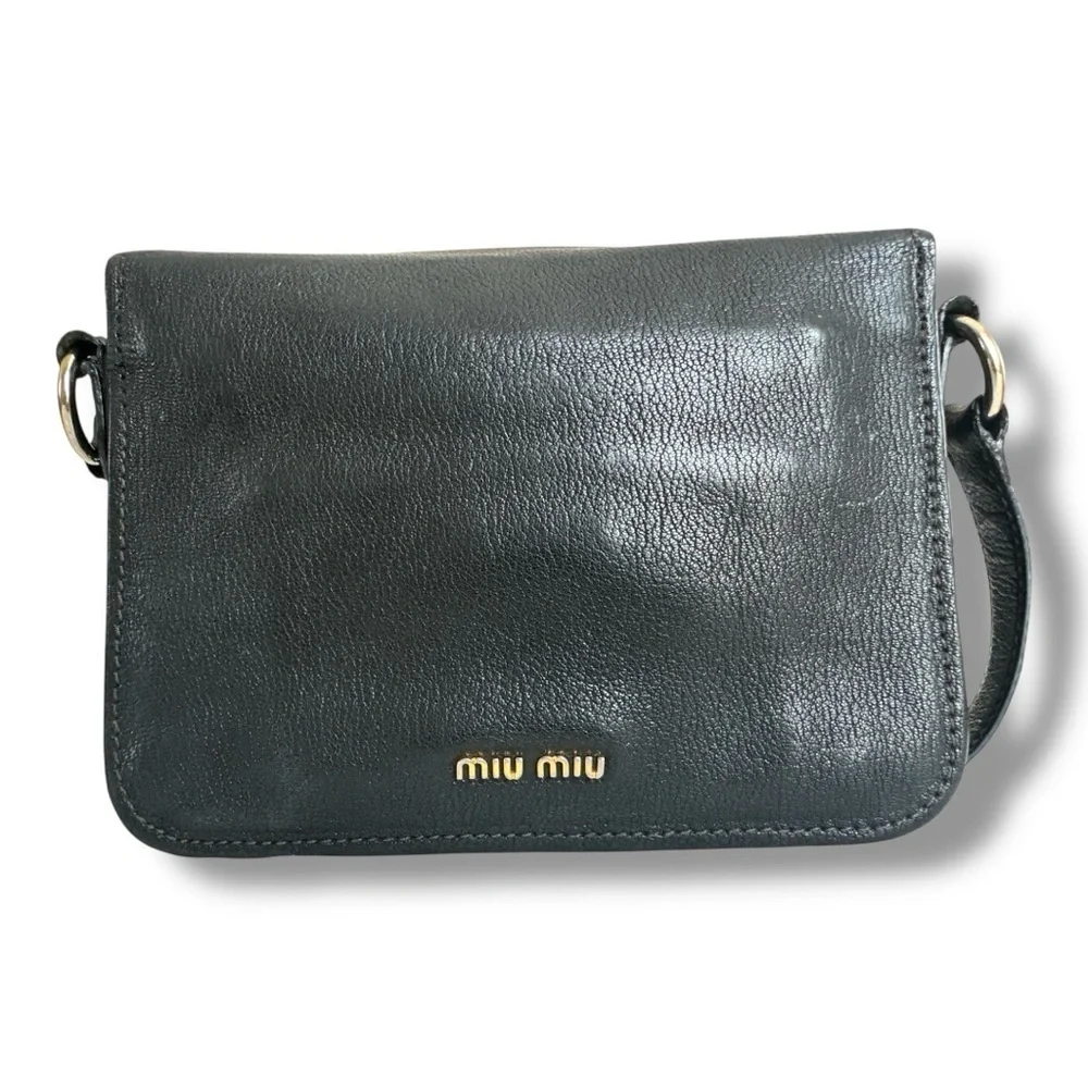 Miu Miu Black Leather Crossbody Bag with Gold Logo